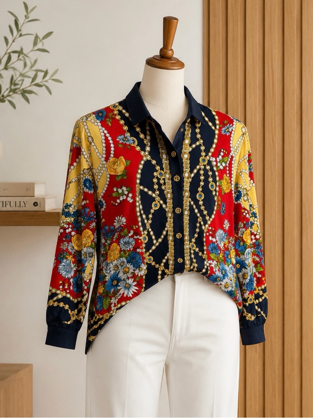 Vintage GOLF Baroque Floral Scarf Print Blouse Shirt Not Versace - Picture 3 of 11